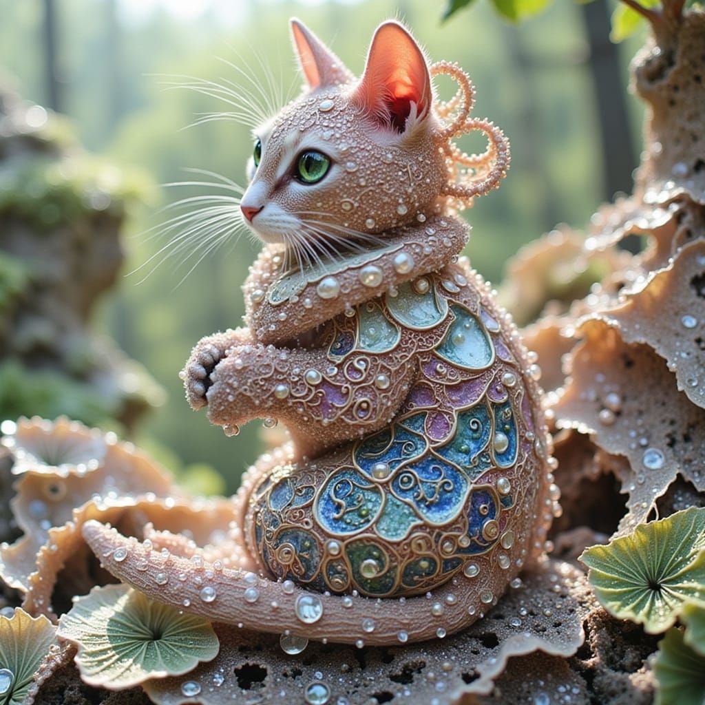 Intricate Pearl Cat with Fractal Patterns in 3D