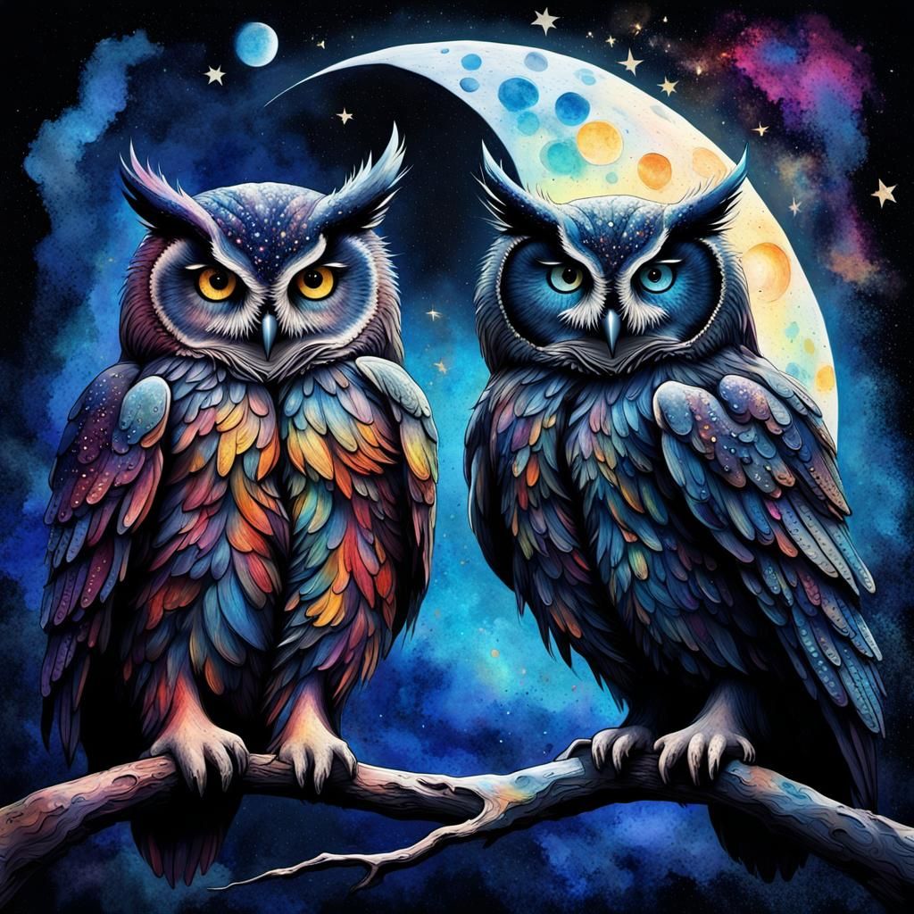 Yin Yang Owls in Gothic Impasto Style