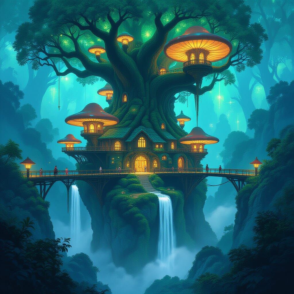 Ancient Treehouse City in Bioluminescent Forest