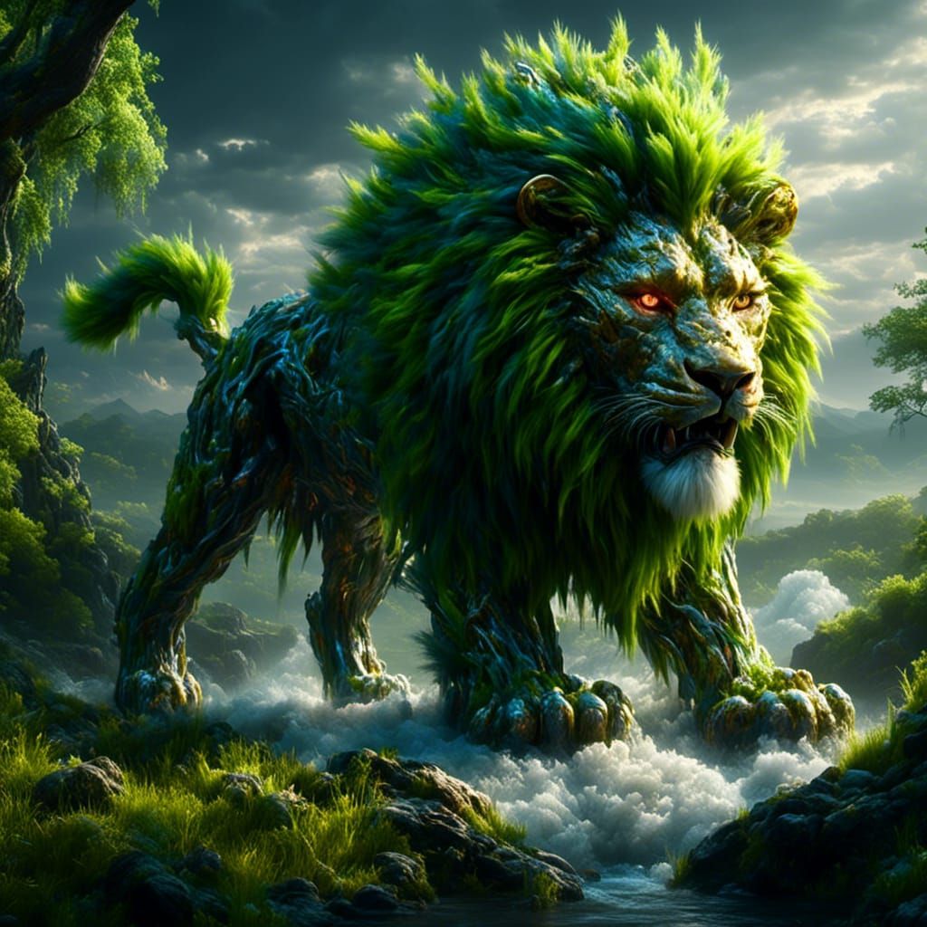 Grass Lion Roaring in Jungle River