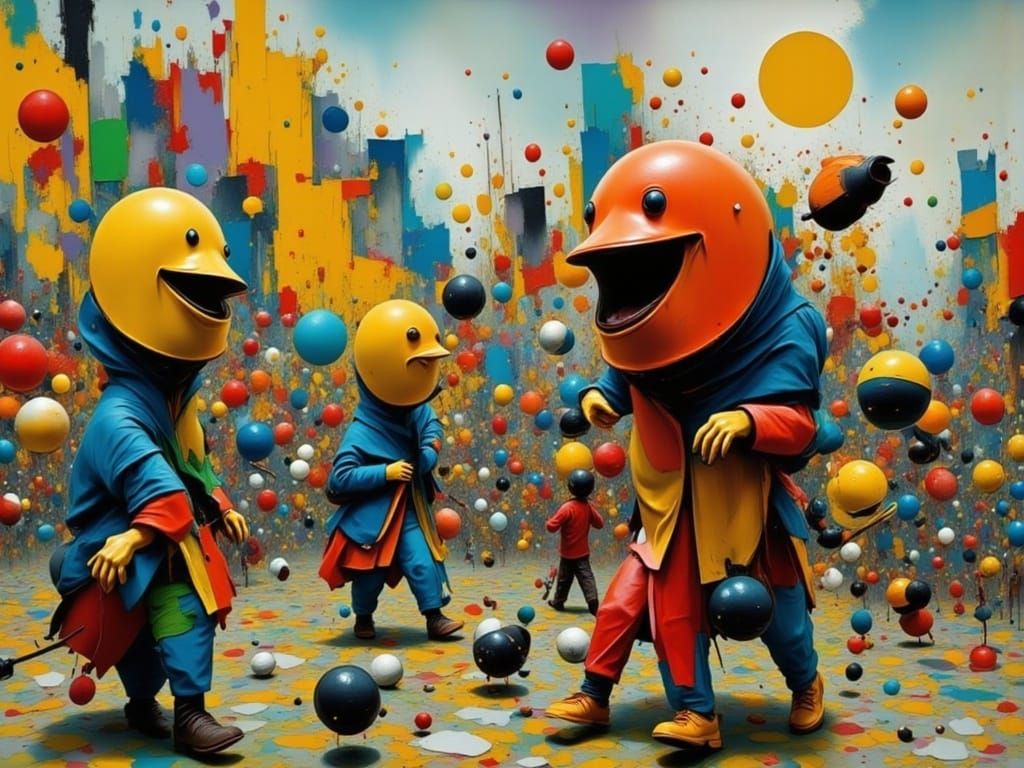 Surreal Park Scene with Bulky Figures Feeding Ducks