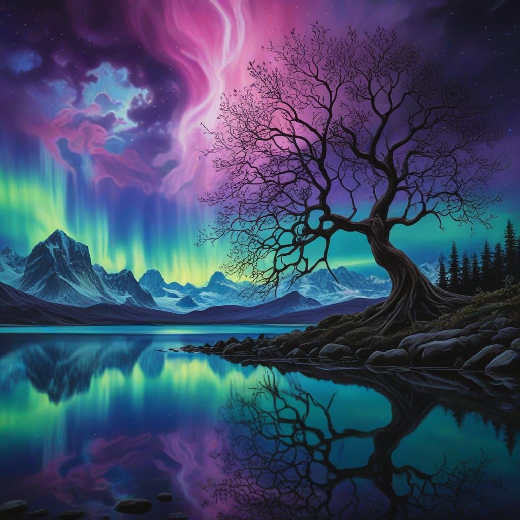 Ethereal Tree Under Northern Lights