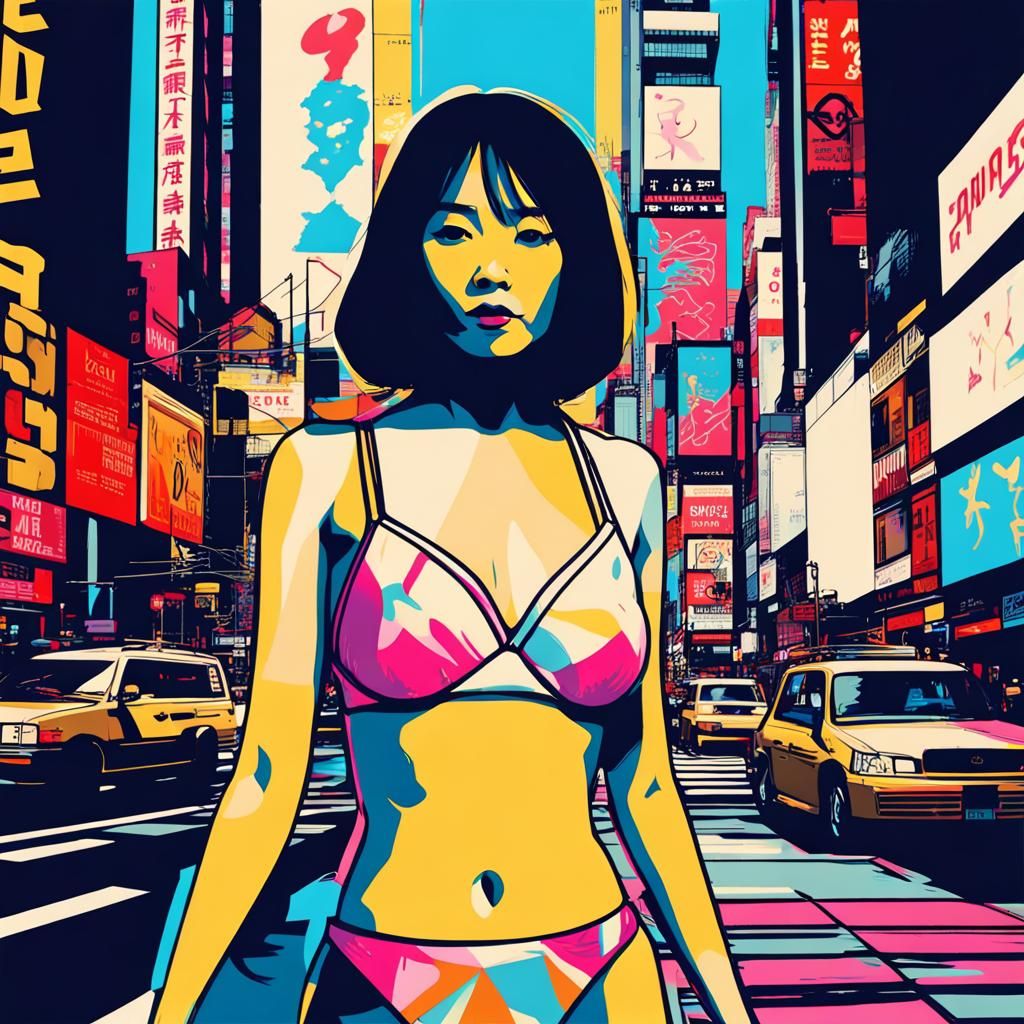 Japanese Girl in Times Square: Pop Art Screen Print