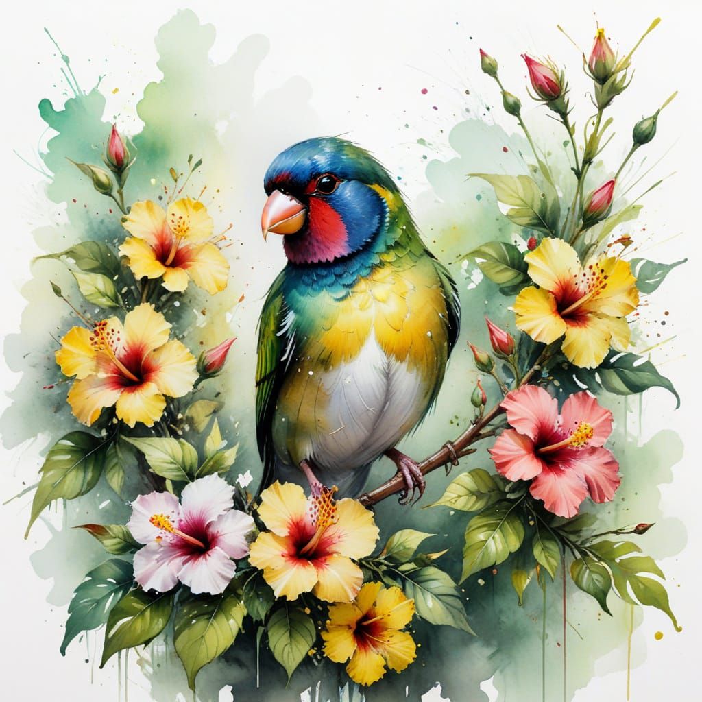 Gouldian Finch Among Hibiscus Blooms in Watercolour