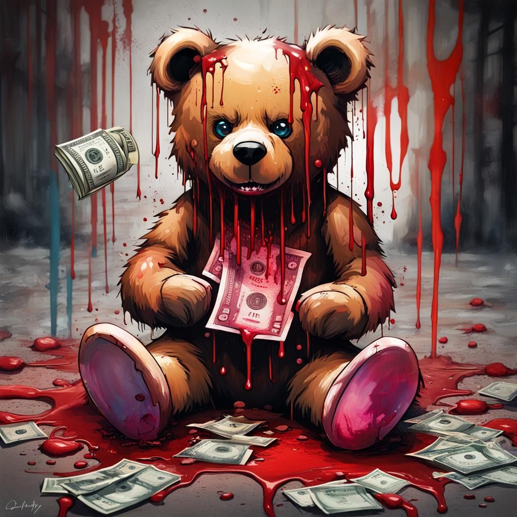 Creepy Teddy Bear with Sharp Teeth in Graffiti Art