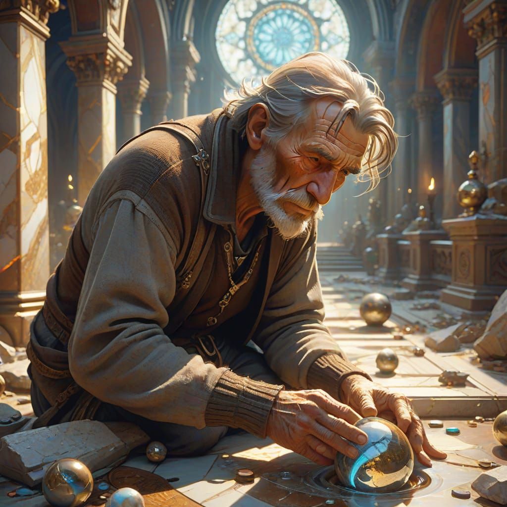 Elderly Man Discovers Magical Marble, Fantasy Art
