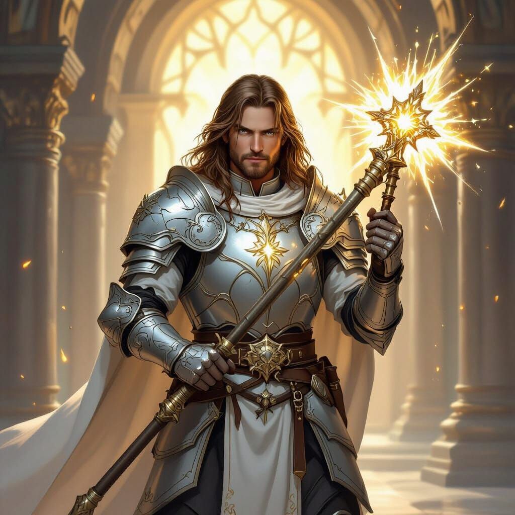 D&D Light Cleric in Silver Armor with Radiant Mace