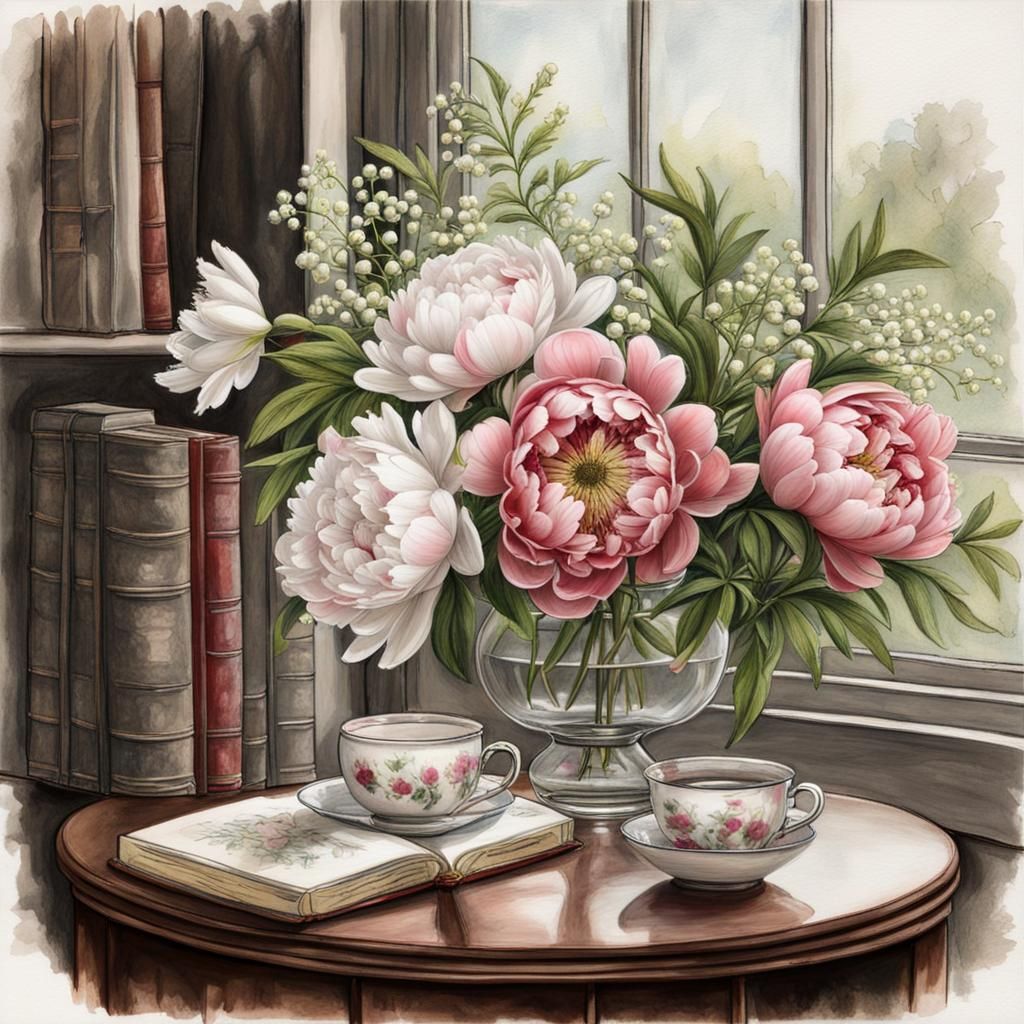 Hyperdetailed Charcoal Drawing of Peonies in Vase
