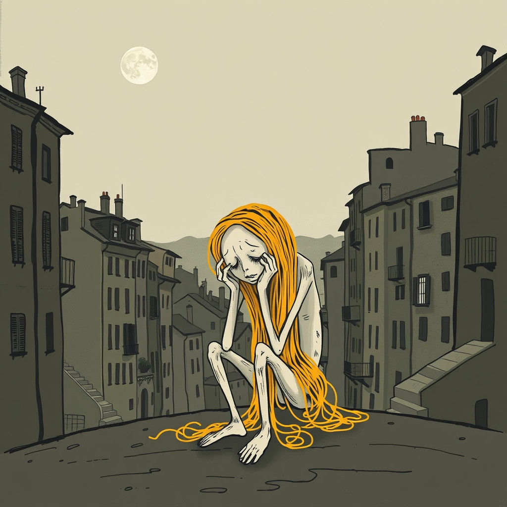 Melancholic Spaghetti Man in Expressive Cityscape