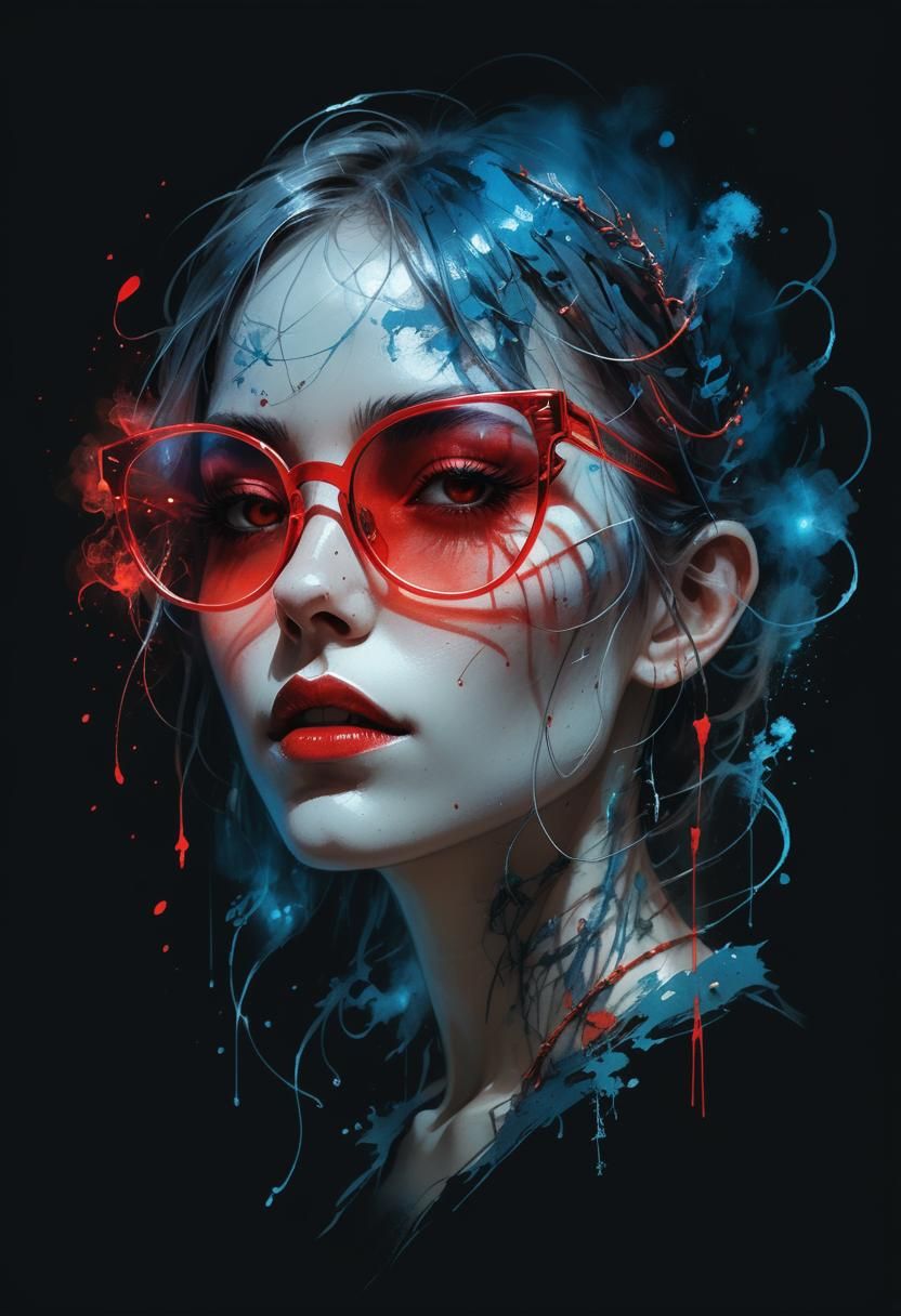 Girl in Glowing Red Glasses, Dark Fantasy Art