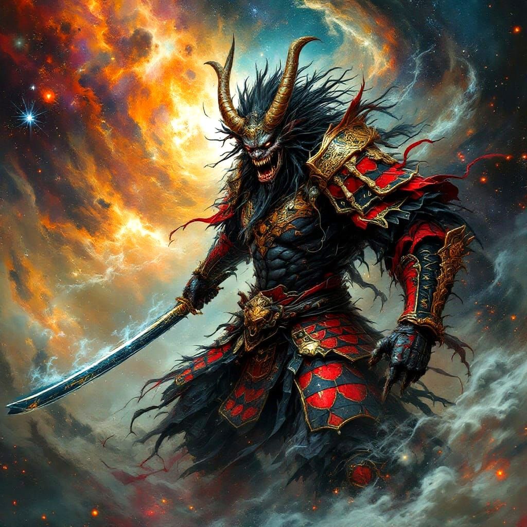 Cosmic Oni Warrior Unleashes Chaos in Bold Pop Art