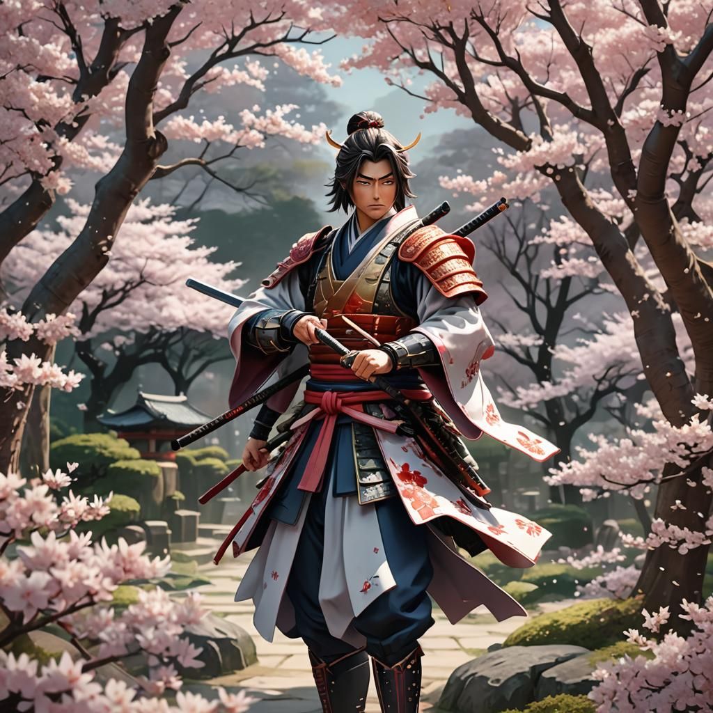 Samurai Amidst Cherry Blossoms in a Serene Garden, in Anime....
