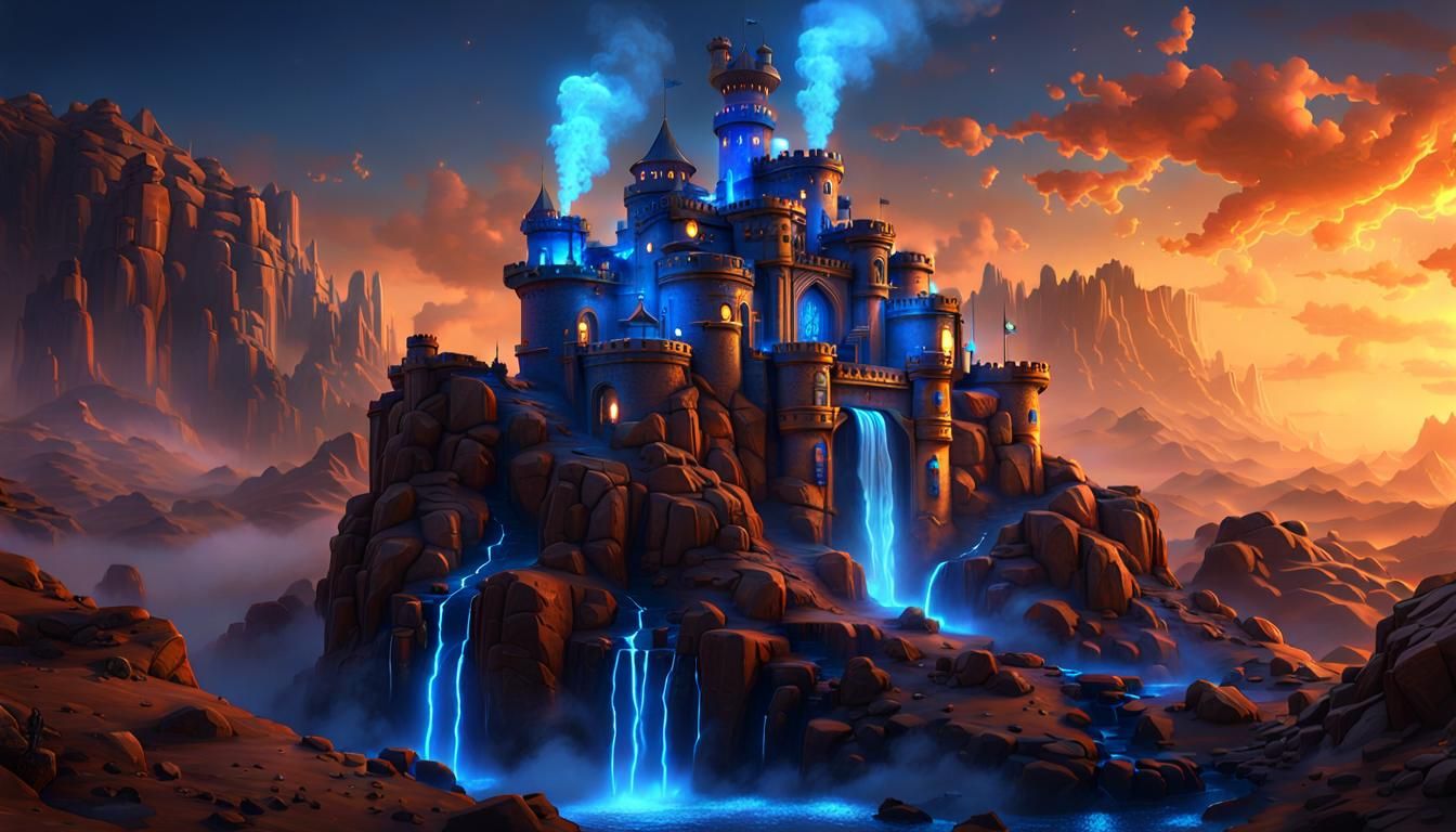 Steampunk Desert Castle with Waterfall at Dusk