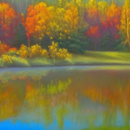 Lake in Forest with Sunrays: Landscape Painting
