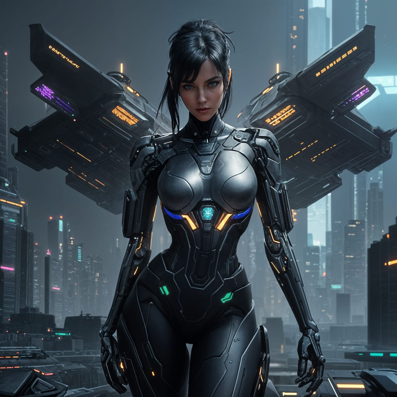 Cyberpunk Goddess Emerging from Cityscape