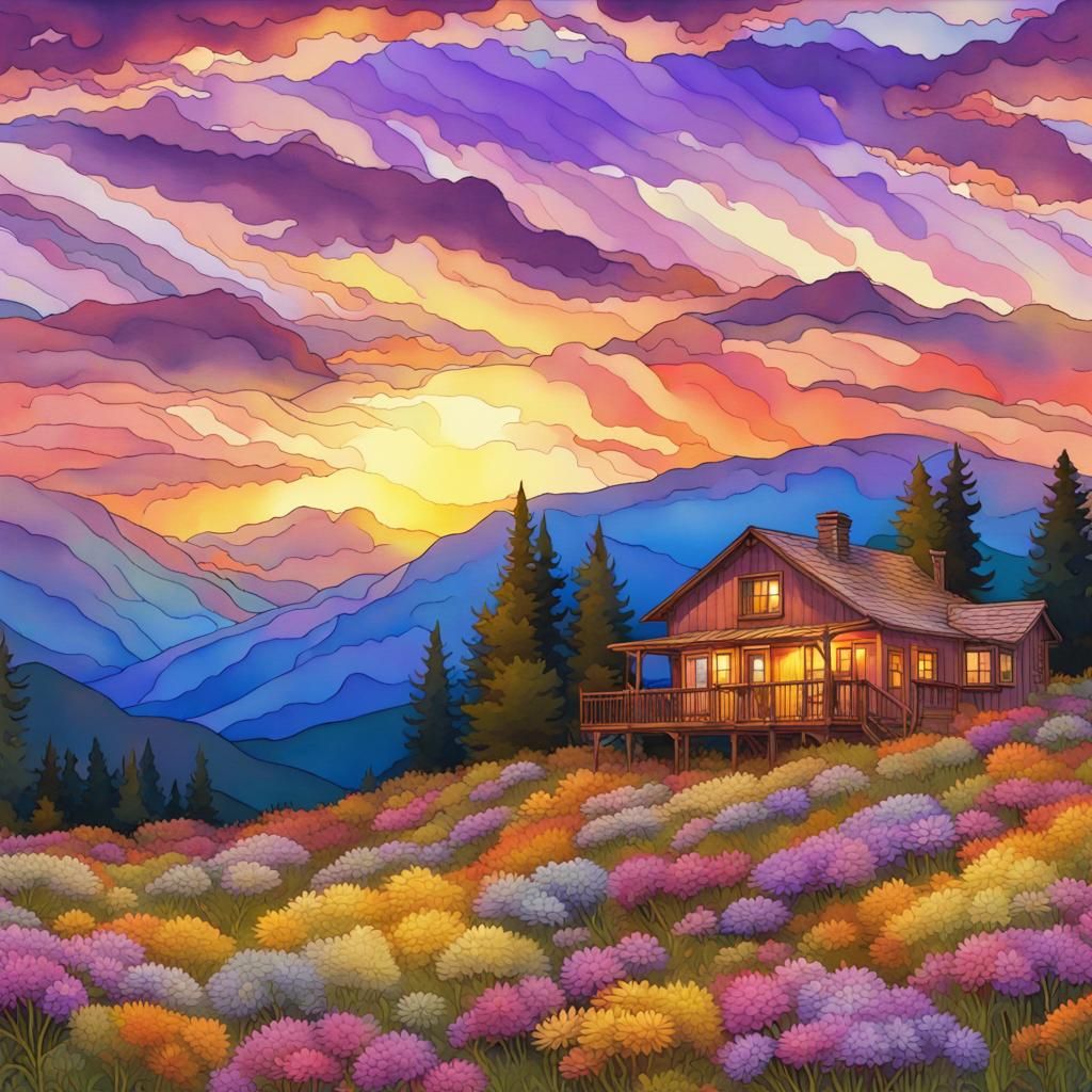 Colorful Cottage Field with Asters: Digital Watercolor Paint...