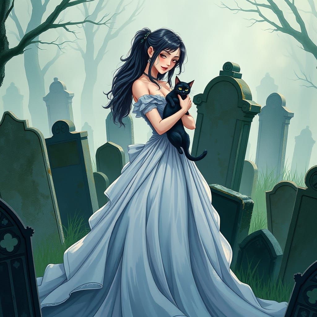 Elegant Woman and Cat in Misty Cemetery, in Watercolor Style