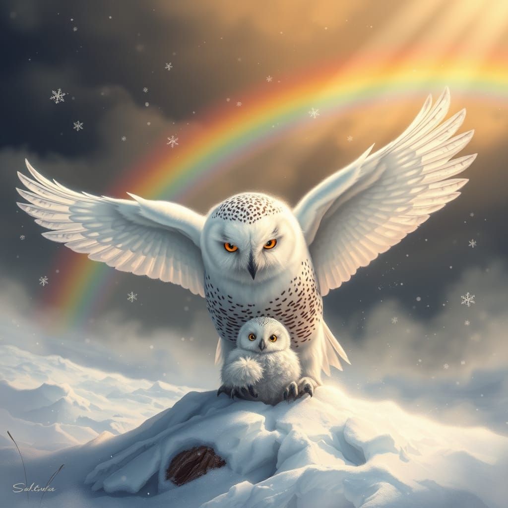 Snow Owl Descends into Winter Wonderland with Downy Owlet
