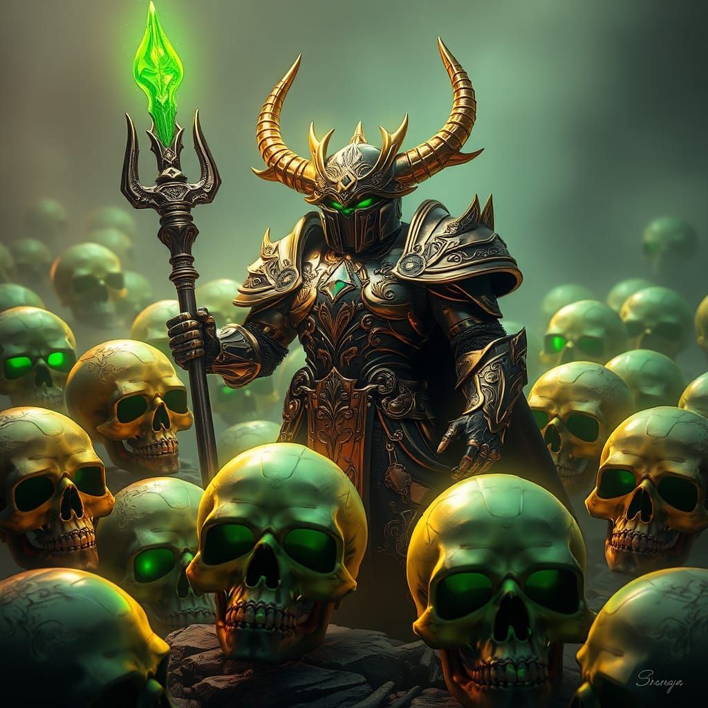 Heroic Robot in Cavern of Eerie Glowing Skulls