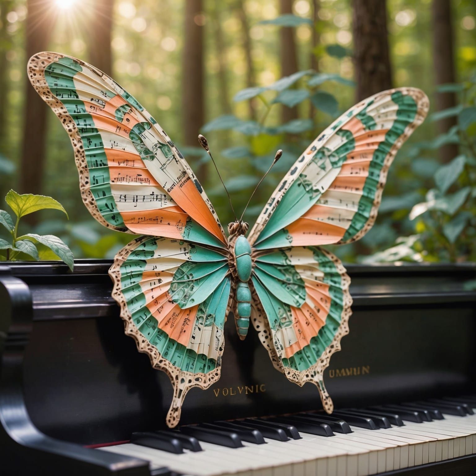 Butterfly with Music Sheet Wings on Forest Piano
