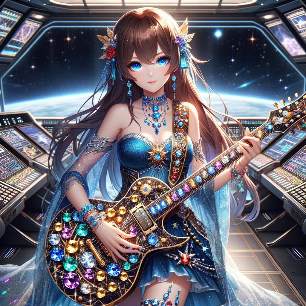 Anime Woman Plays Guitar on Starship Bridge