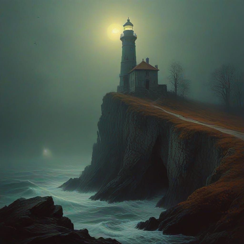 Gothic Lighthouse in Autumn Fog, Eerie Sea Glow