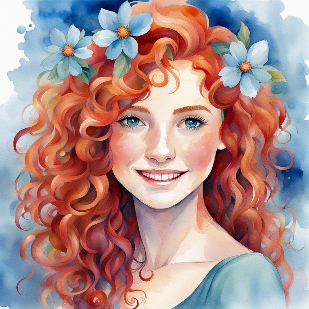 Redhead Girl with Watercolor Flower, Smiling Portrait
