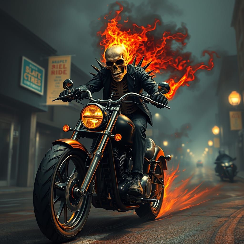 Surrealist Skull Rider in a Fiery Nighttime Scene