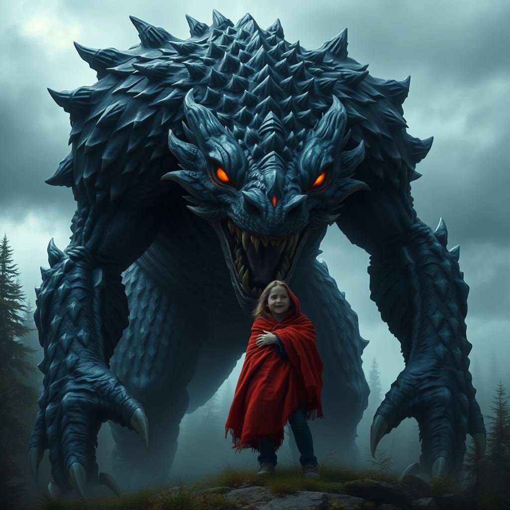 Colossal Creature Cradling Child in Misty Forest