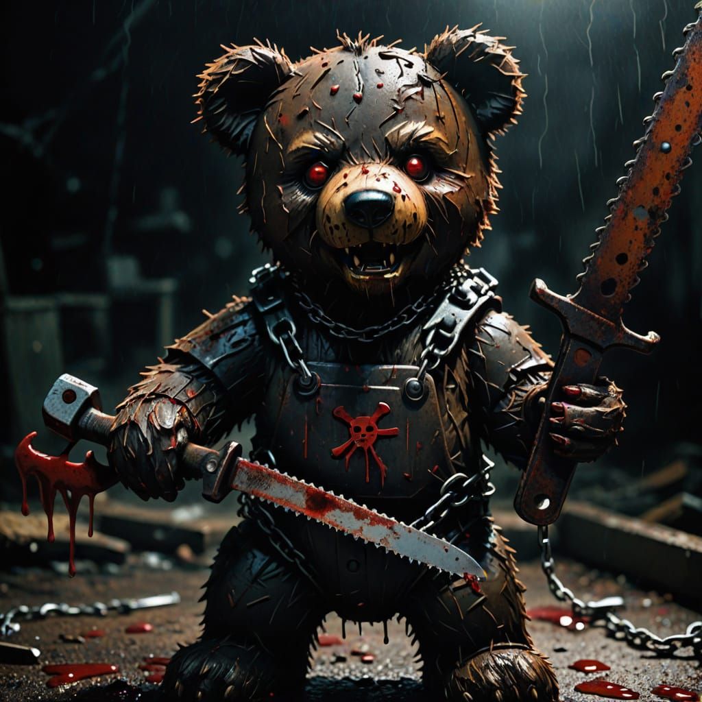 Evil Teddy Bear with Chainsaw in Dark Fantasy Style