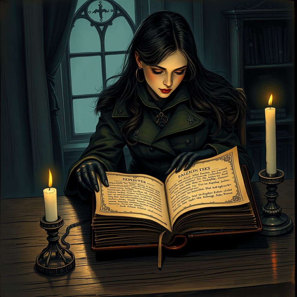 Mysterious Woman Studies Grimoire in Dark Fantasy Style