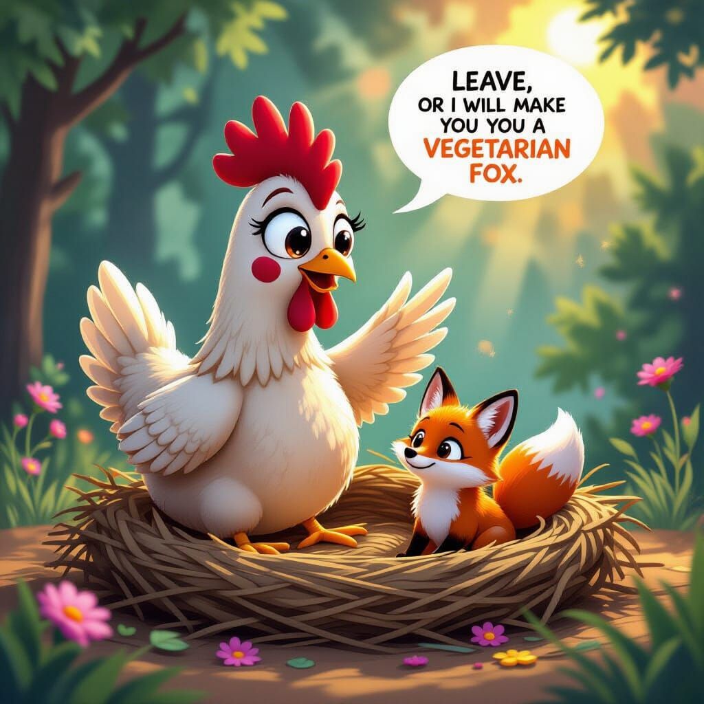 Surprised Cartoon Chicken Meets Fox in Nest