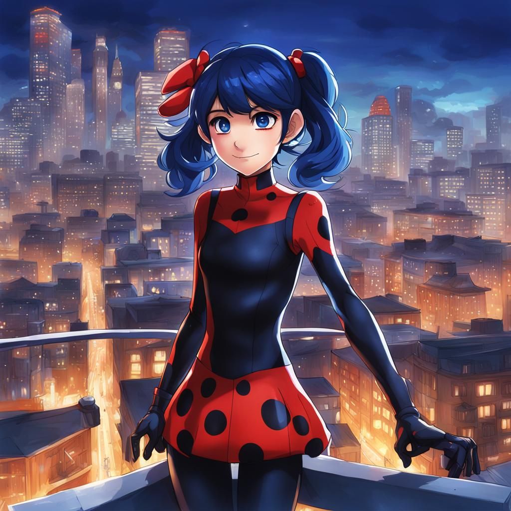 Anime Ladybug with Twin Tails on Building Edge