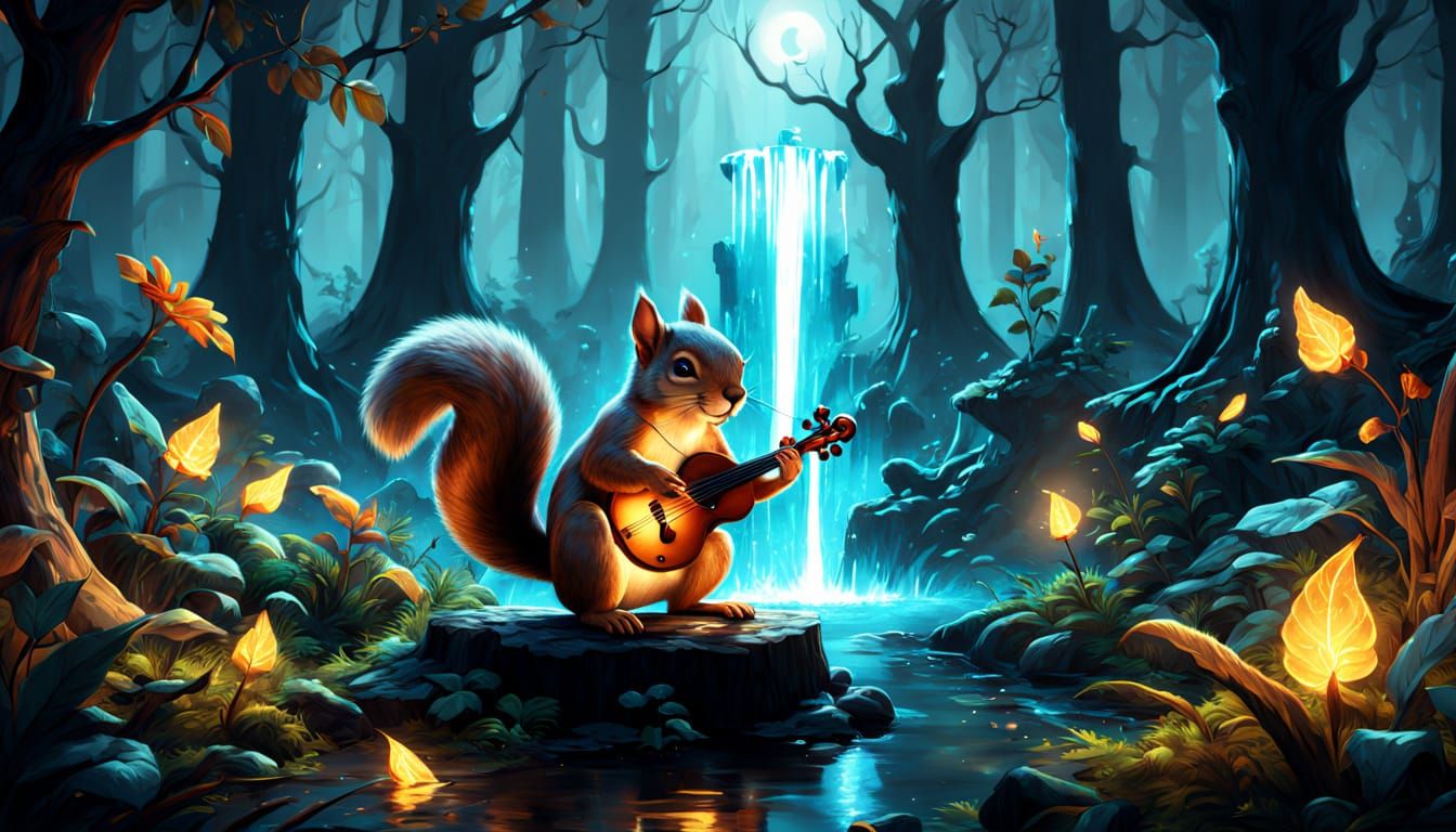 Squirrel's Bioluminescent Violin in Magical Forest