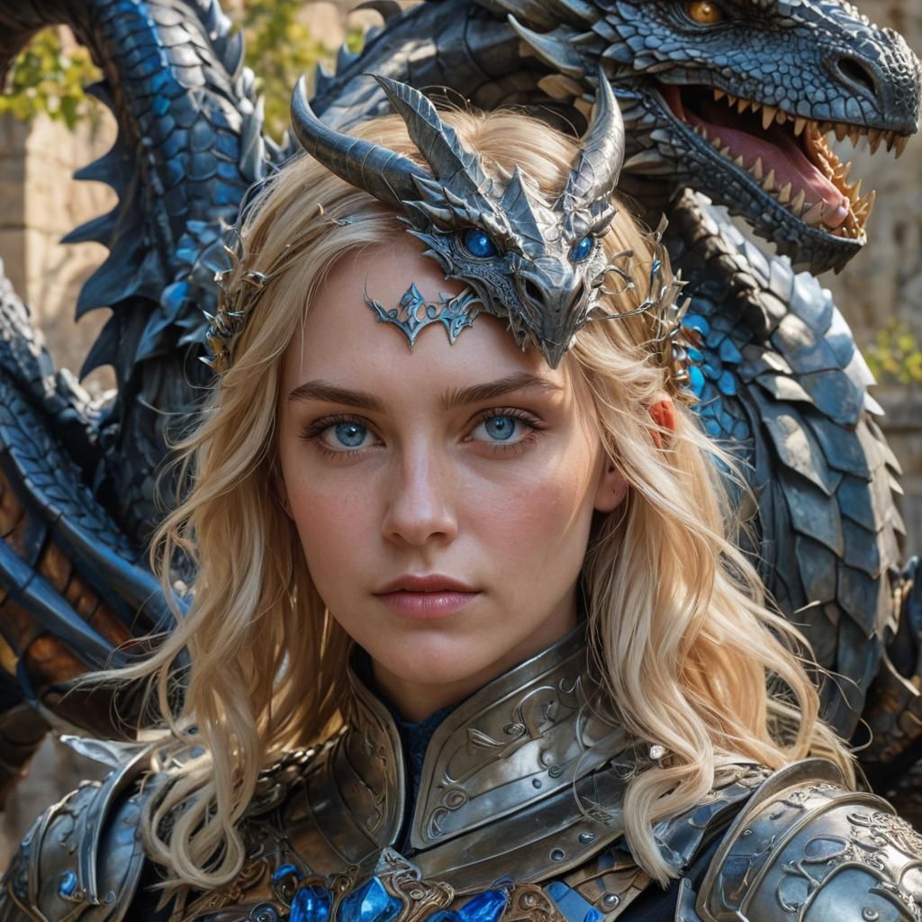Dragon and Armored Woman: Fantasy Art Portrait