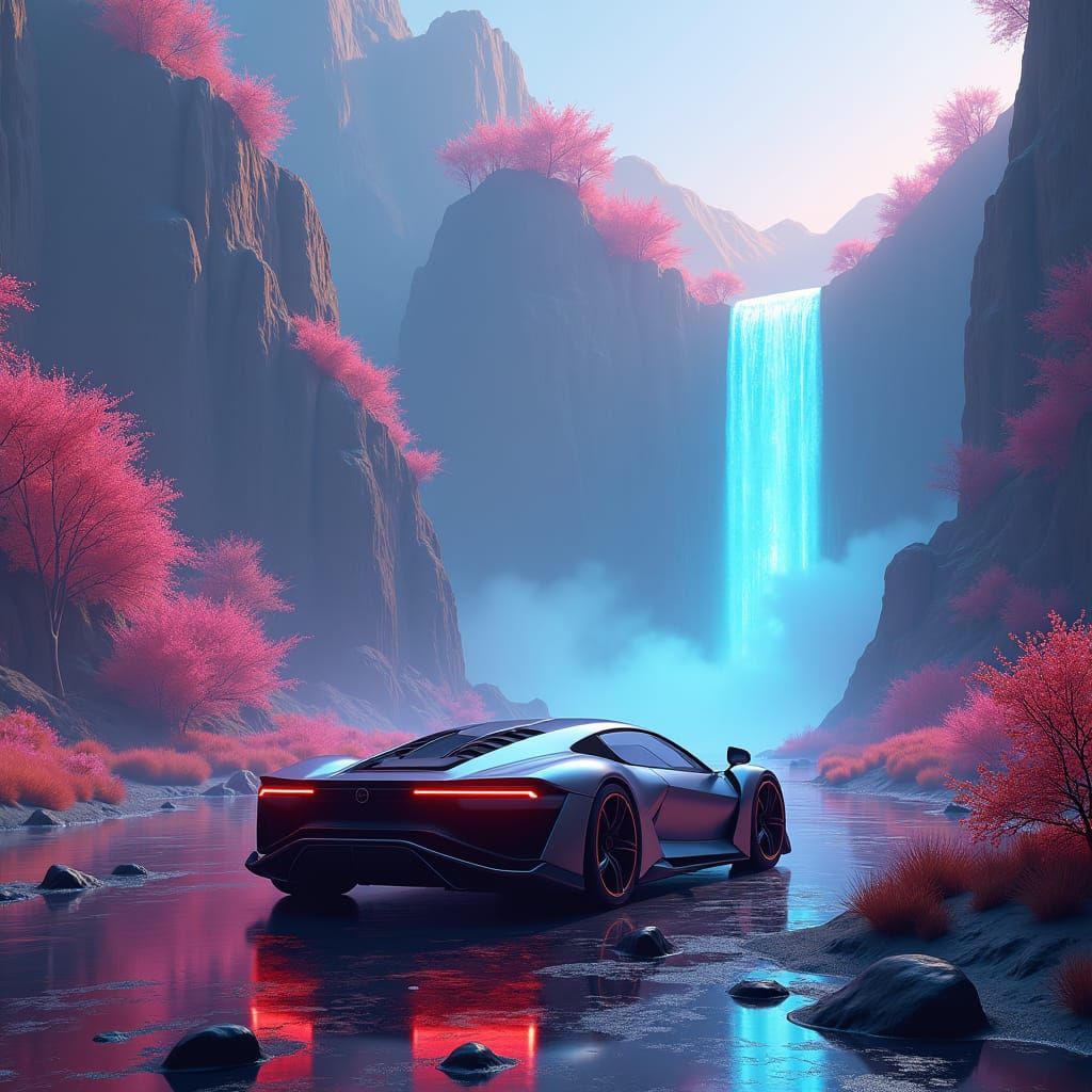 Futuristic Car on Alien Planet in Matte Painting Style