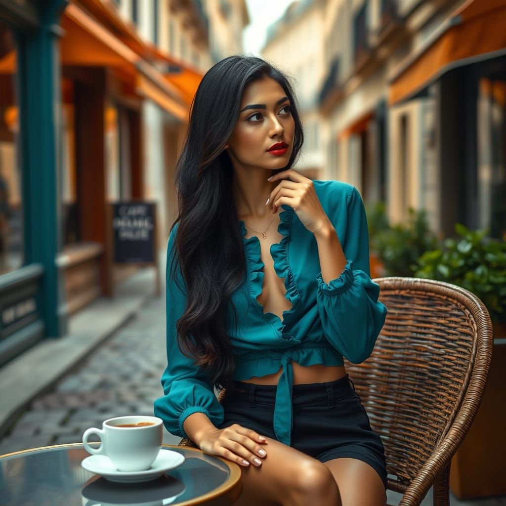Venezuelan Woman in European Café: Hyper-Realistic Portrait