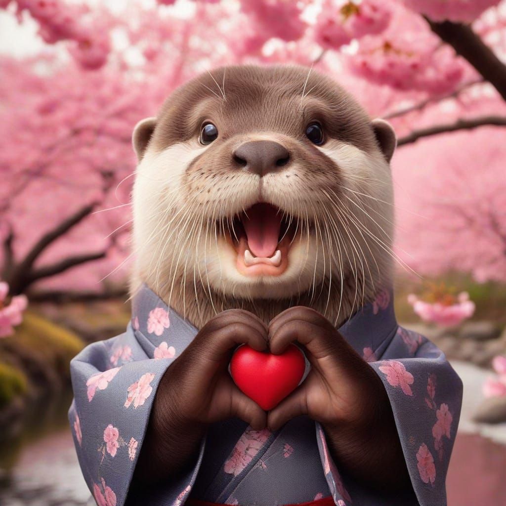 Happy Baby Otter in Kimono, Holding Heart in Sakura Garden