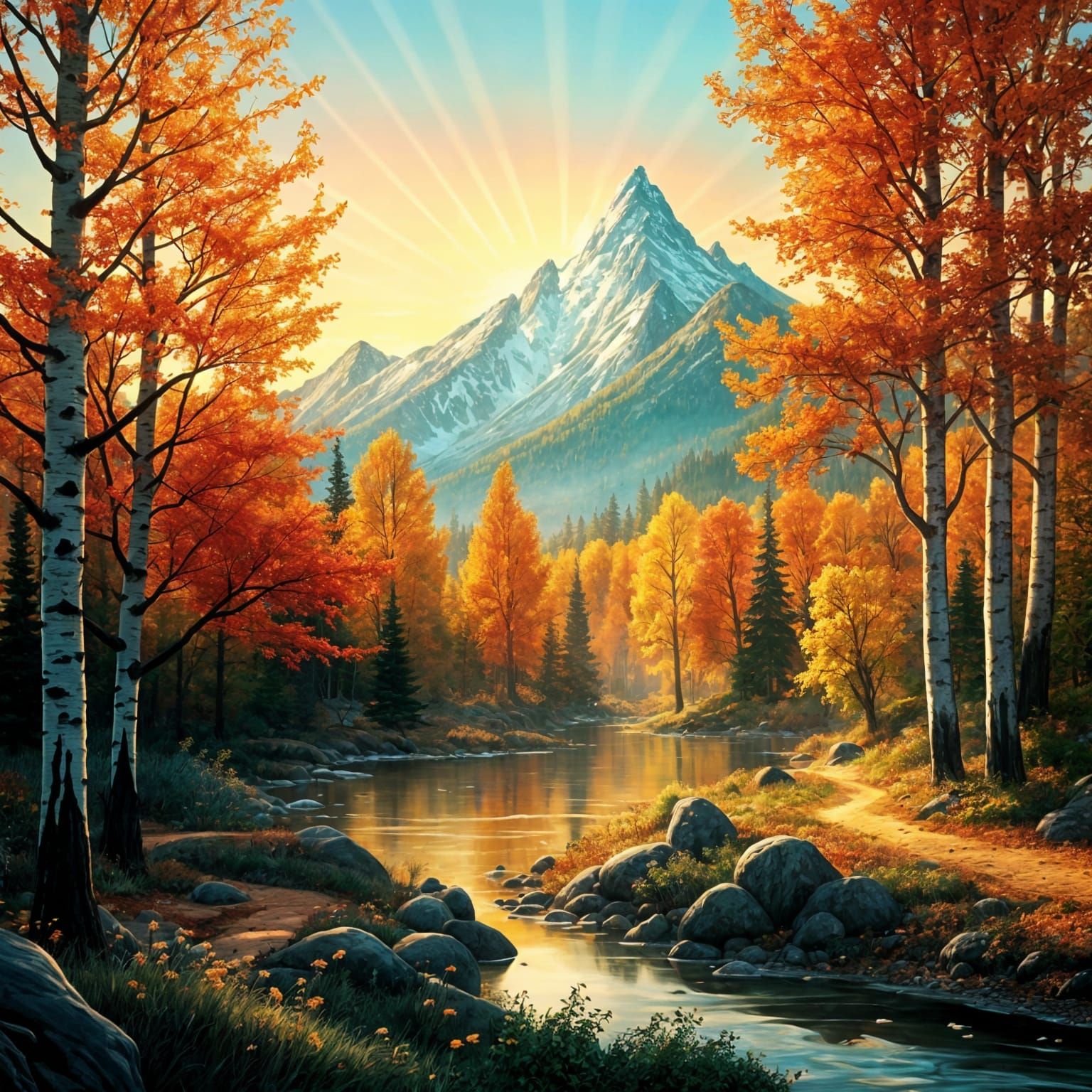 Dr. Seuss Autumn Landscape with River and Mountains