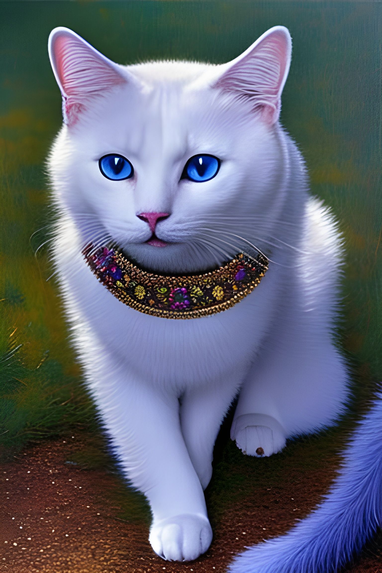Fluffy White Cat with Jeweled Collar in Hyperrealism