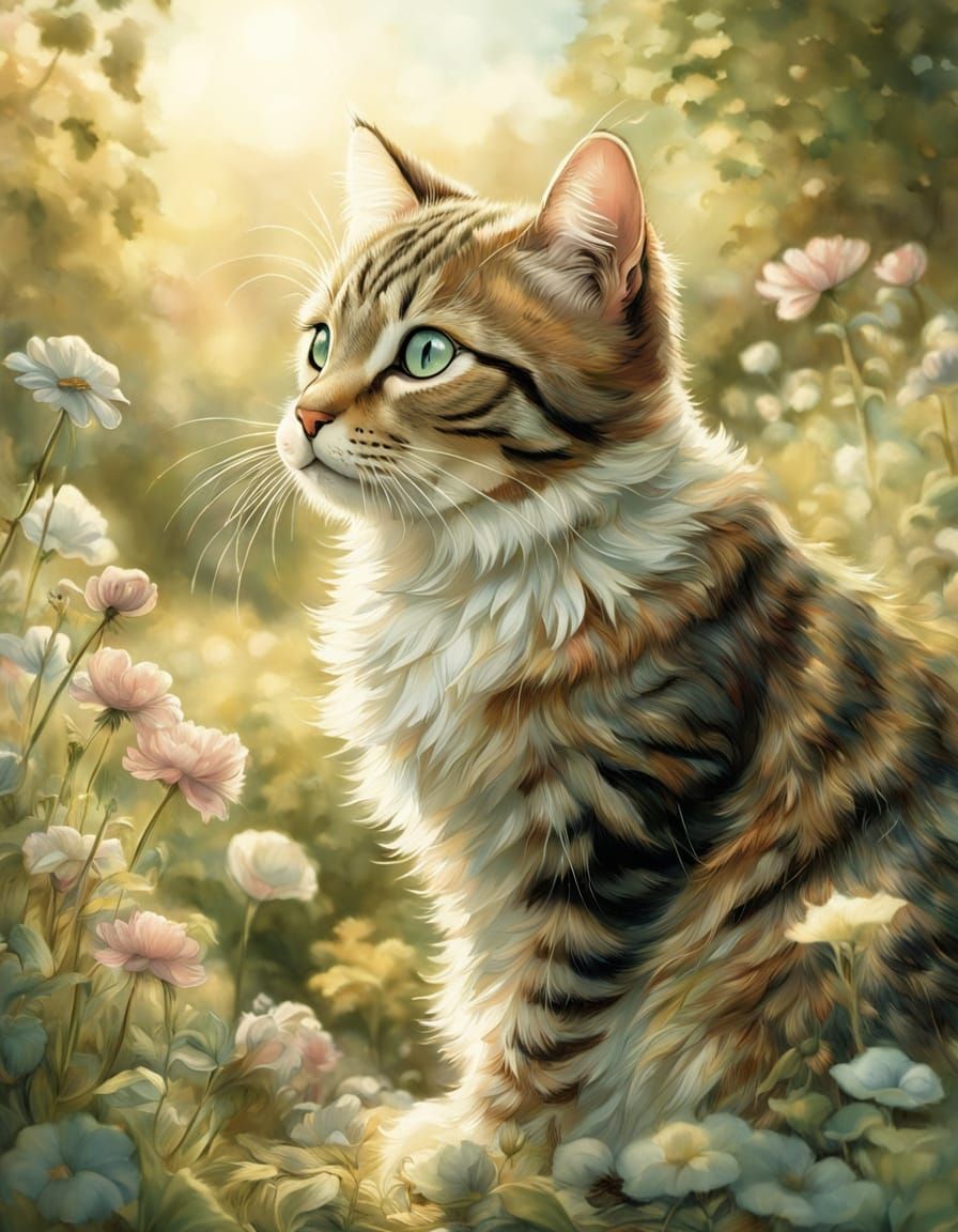 Dreamy English Garden Scene with Beautiful Cat