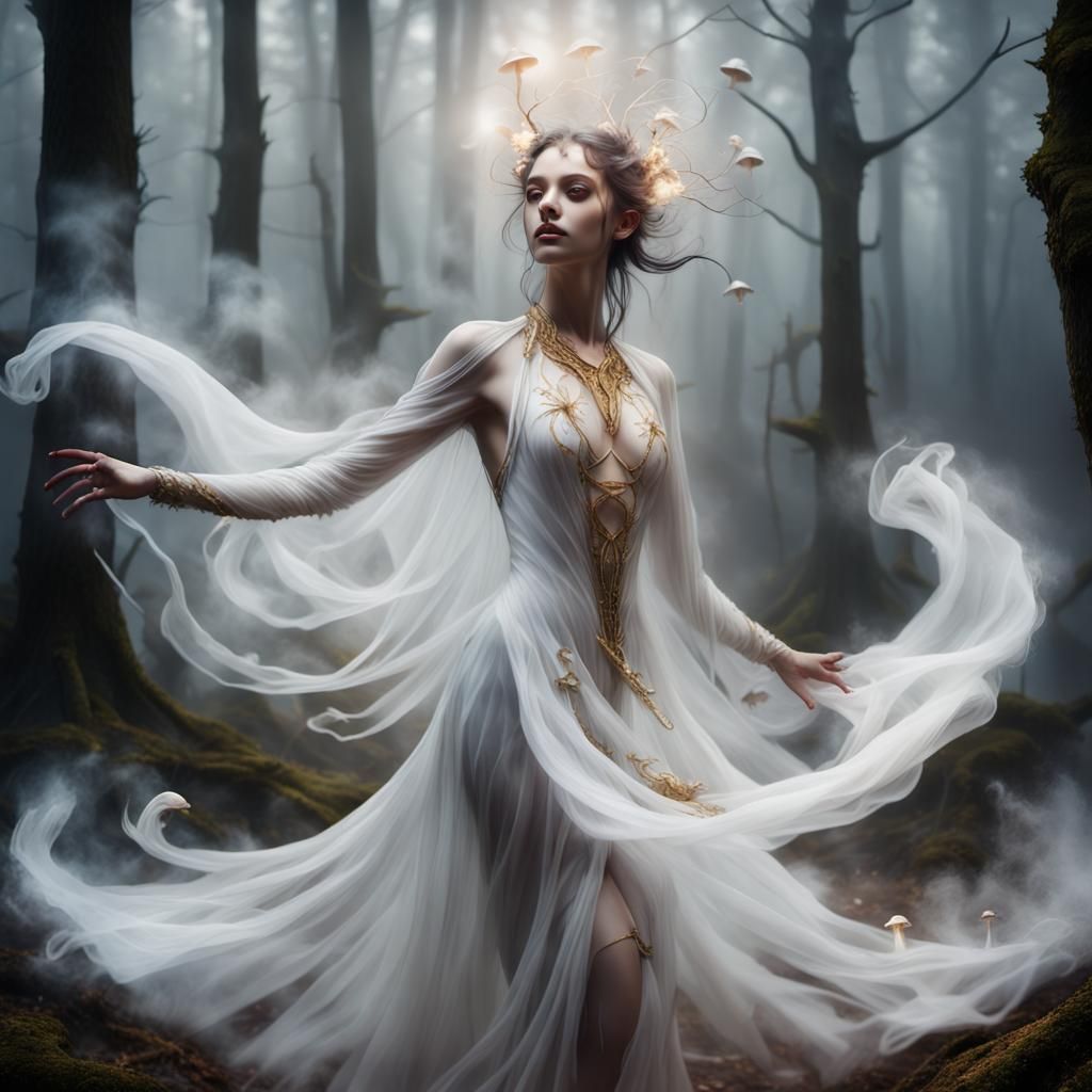 Mysterious Mist Dancer in Forest, Hyper-Realistic Portrait