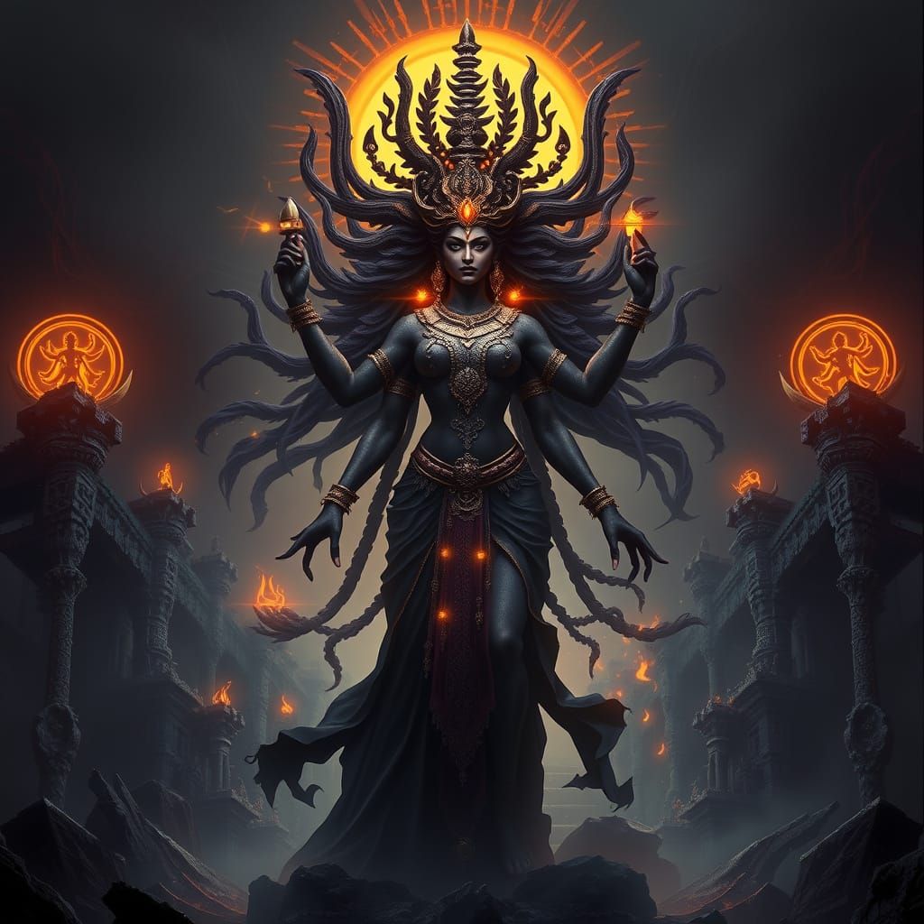 Dark Fantasy Goddess Bhairavi in Tantric Ruins