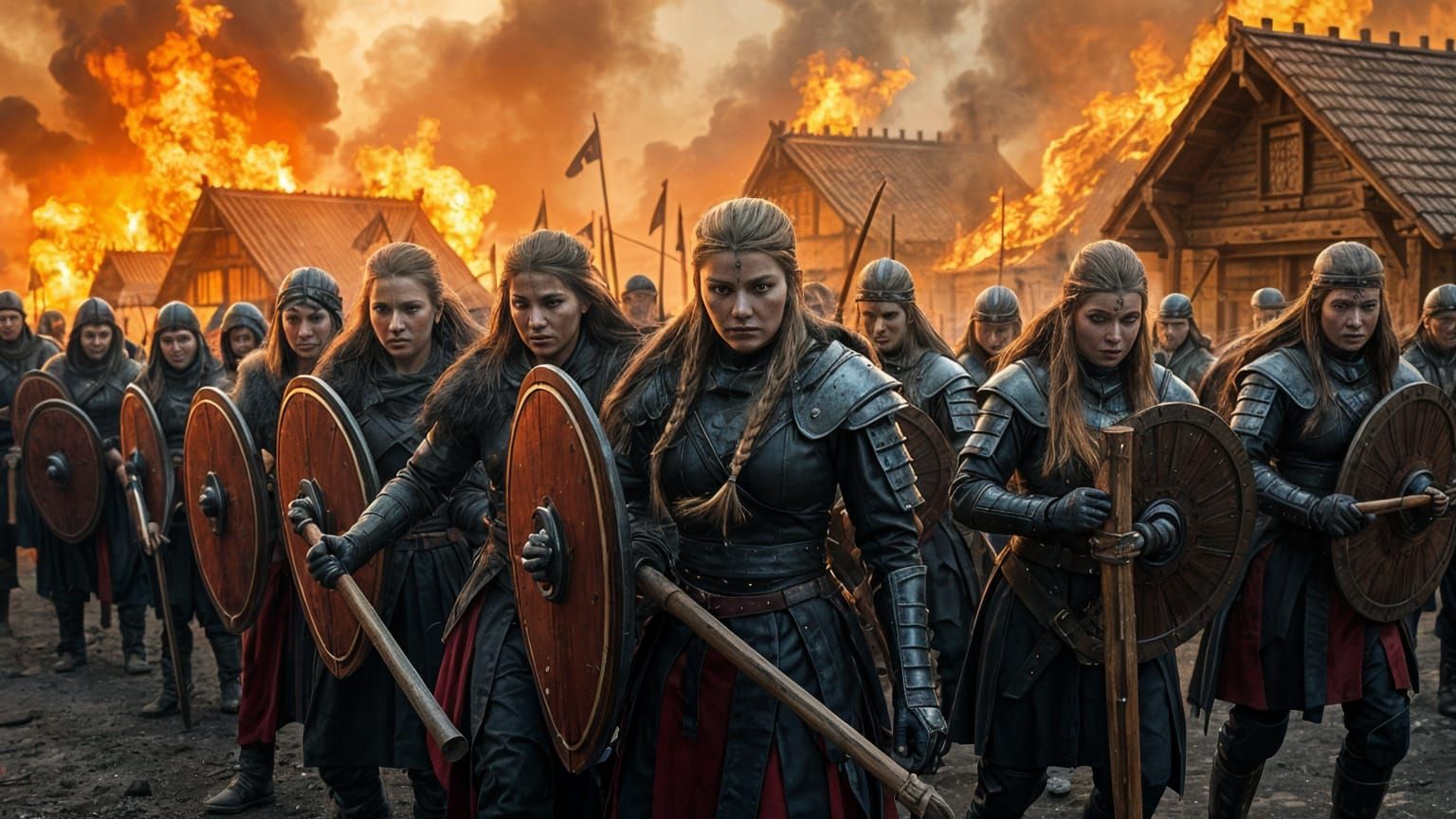 Viking Women Warriors Stand Strong in Blazing Nordic Village