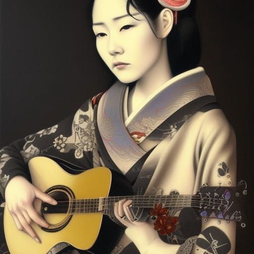 Japanese Woman and Guitarist, Illustrative Art Style