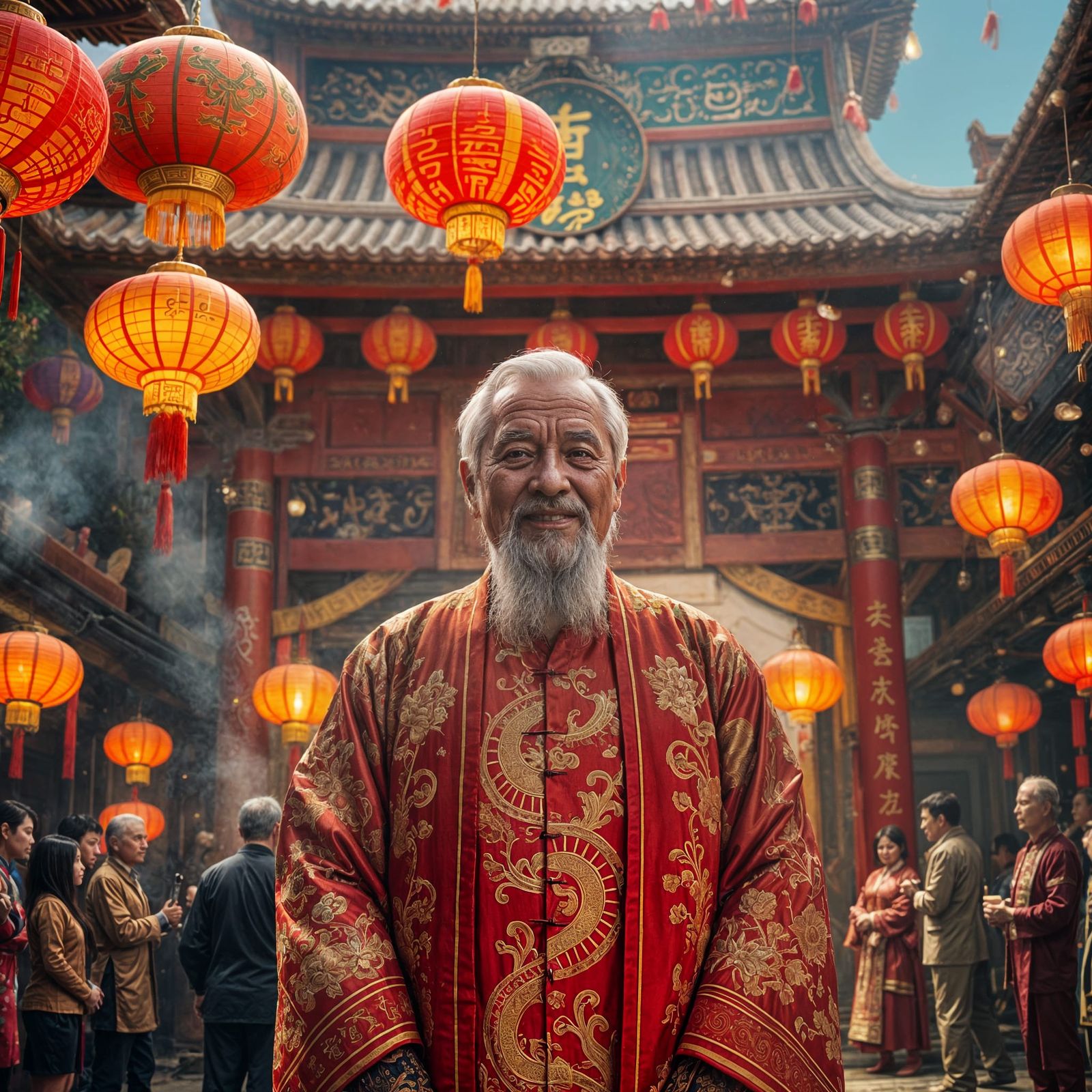 Elderly Man Celebrates Chinese New Year in Traditional Splen...