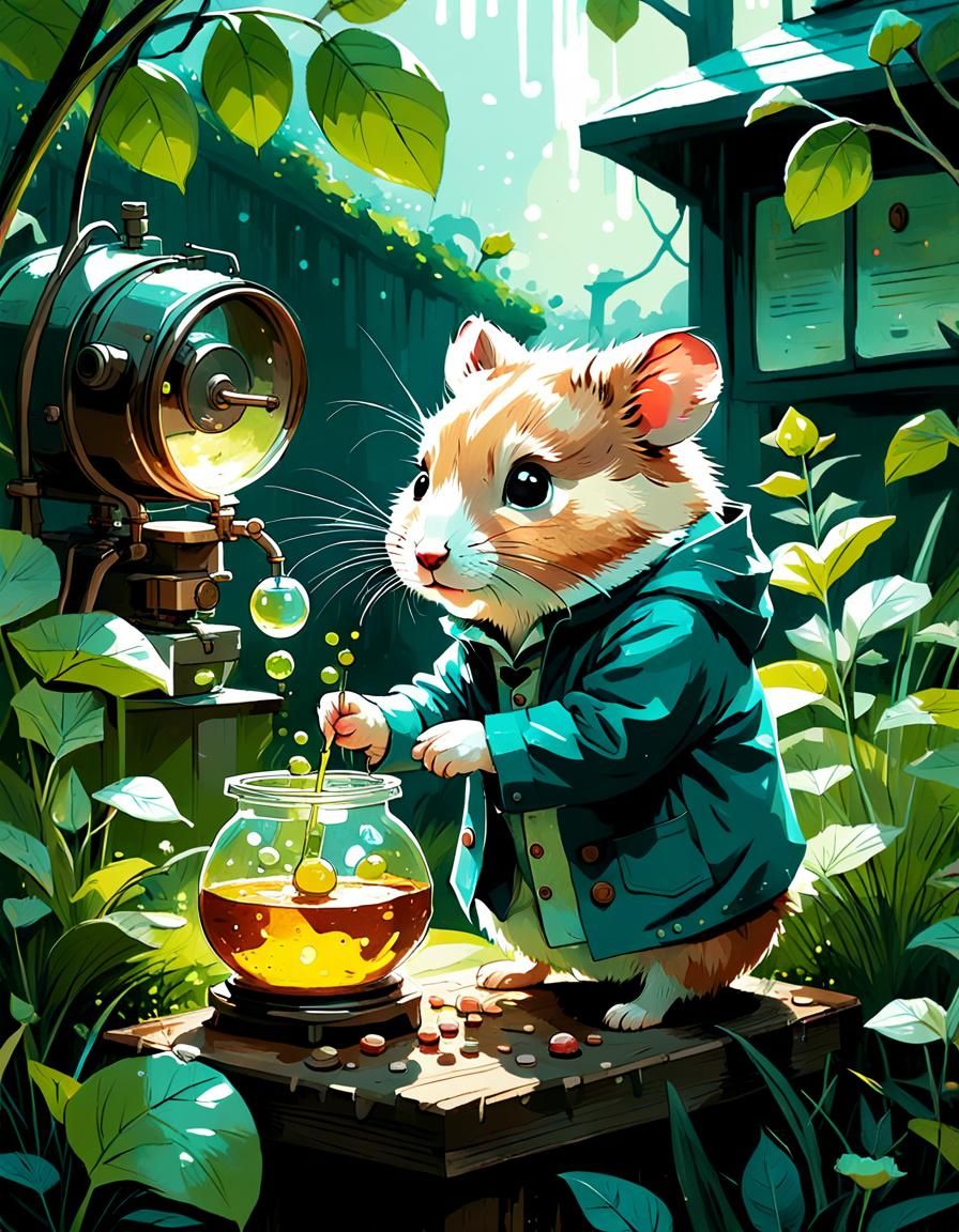 Adorable Hamster Chemist in Garden, Digital Painting