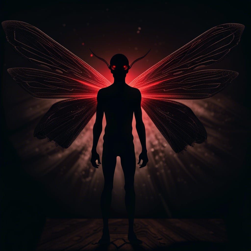 Silhouette of Frightening Mothman in Dark Room