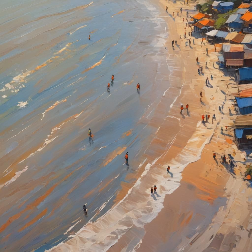 Asian Seaside Village at Sunset as Oil Painting