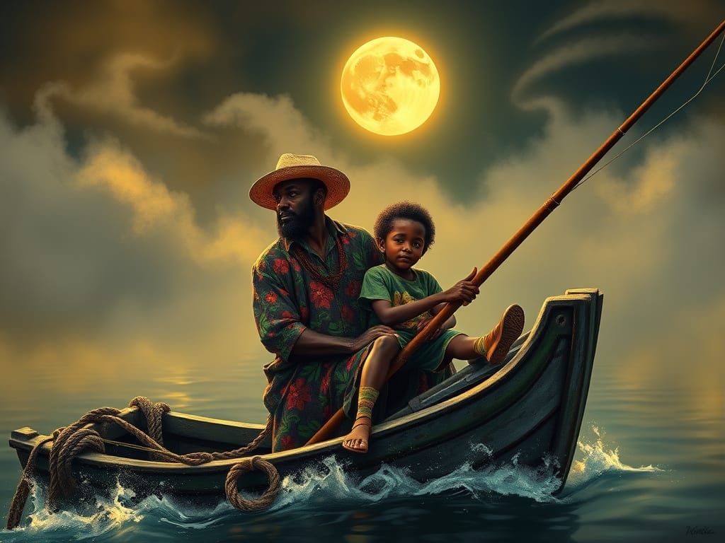 Caribbean Father and Son Fishing Under the Moon